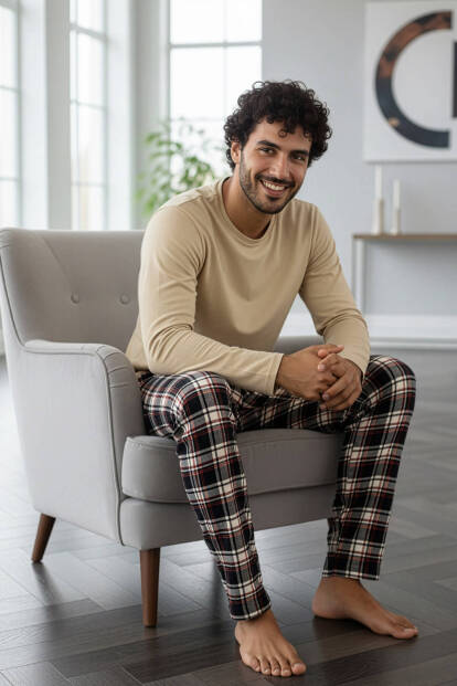 Bej Stylish Erkek Uzun Kol Pijama Takımı - 2
