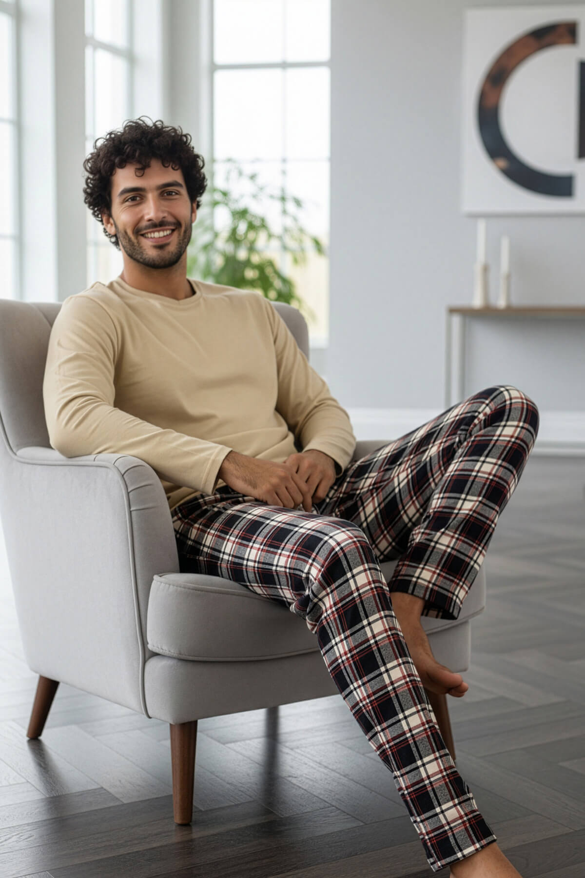 Bej Stylish Erkek Uzun Kol Pijama Takımı - Pijamaevi (2)