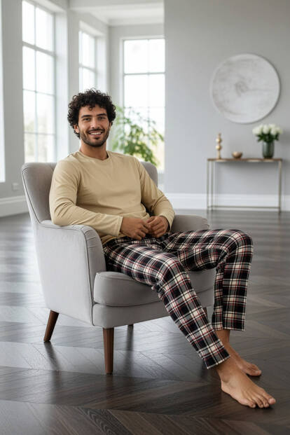 Bej Stylish Erkek Uzun Kol Pijama Takımı - 4