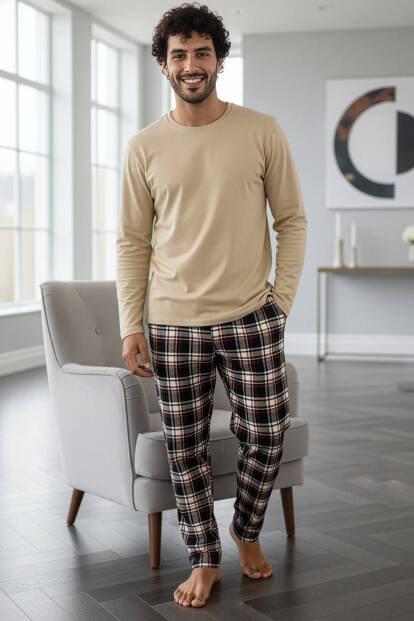 Bej Stylish Erkek Uzun Kol Pijama Takımı - 5