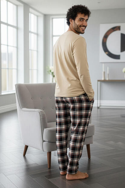 Bej Stylish Erkek Uzun Kol Pijama Takımı - 6