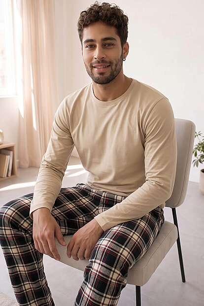Bej Stylish Erkek Uzun Kol Pijama Takımı 