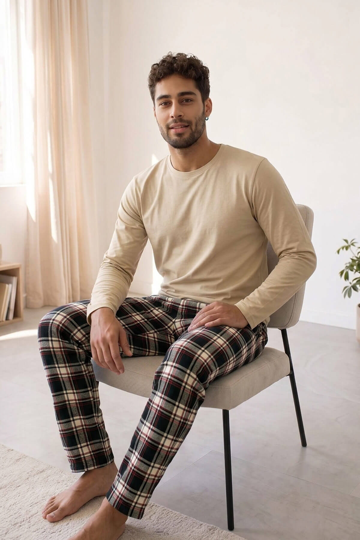 Bej Stylish Erkek Uzun Kol Pijama Takımı - Pijamaevi (1)