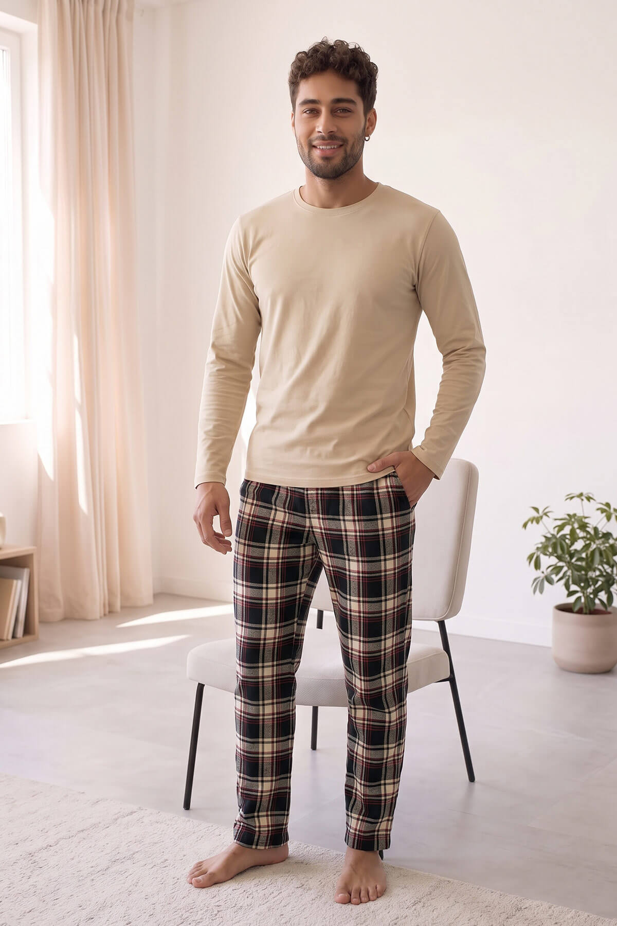 Bej Stylish Erkek Uzun Kol Pijama Takımı - Pijamaevi (2)