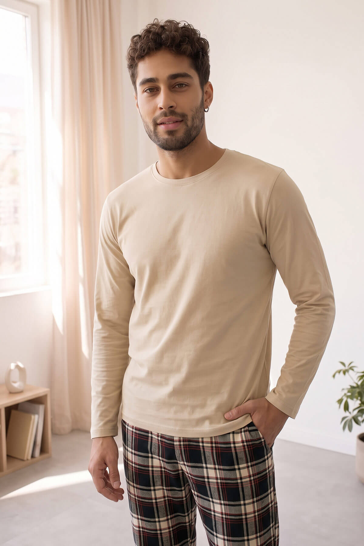 Bej Stylish Erkek Uzun Kol Pijama Takımı - Pijamaevi (3)