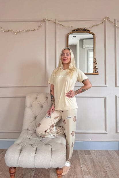 Bej Time Desenli Bambu Kısa Kol Kadın Pijama Takımı - 6