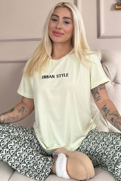 Bej Urban Style Desenli Kısa Kollu Örme Kadın Pijama Takımı - 7