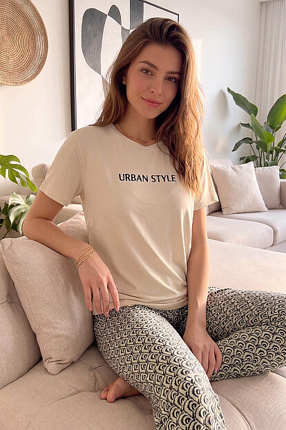Bej Urban Style Desenli Kısa Kollu Örme Kadın Pijama Takımı - 2