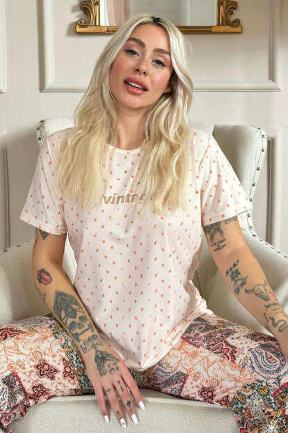 Bej Vintage Desenli Kısa Kollu Örme Kadın Pijama Takımı - 7