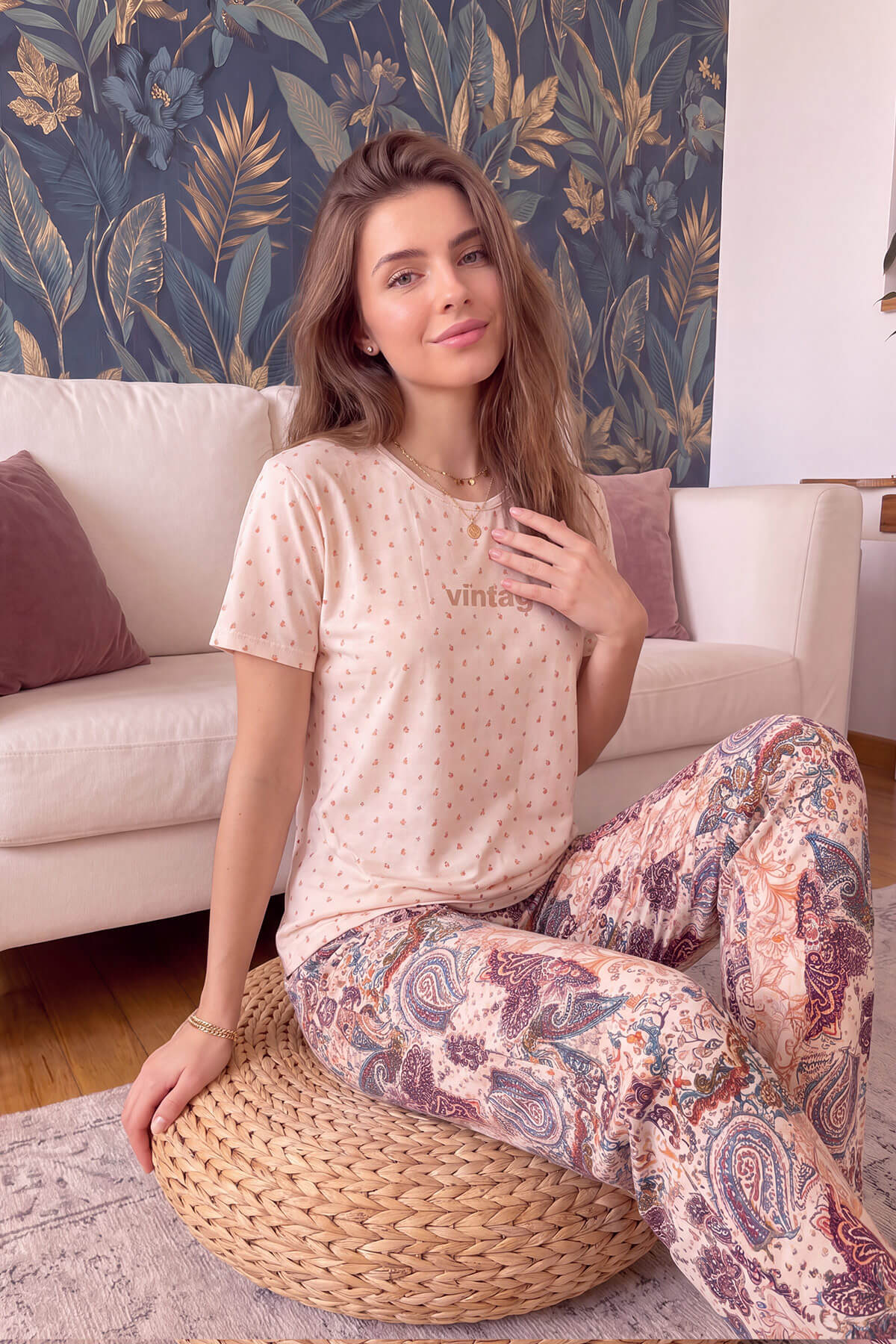 Bej Vintage Desenli Kısa Kollu Örme Kadın Pijama Takımı - Pijamaevi (1)