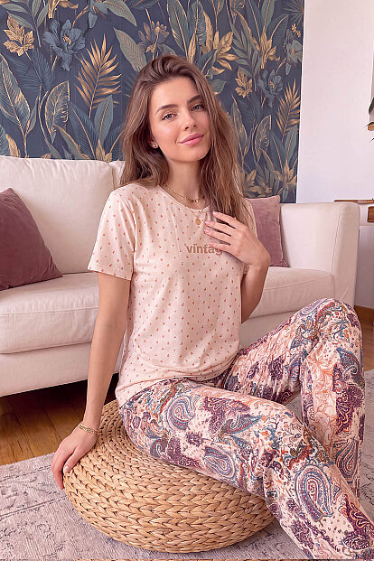 Bej Vintage Desenli Kısa Kollu Örme Kadın Pijama Takımı - 2