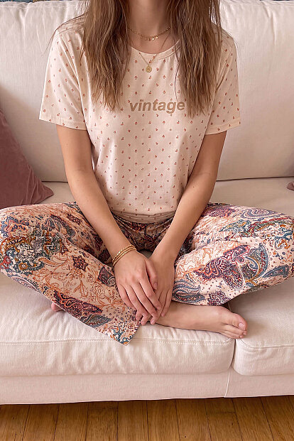 Bej Vintage Desenli Kısa Kollu Örme Kadın Pijama Takımı - 5