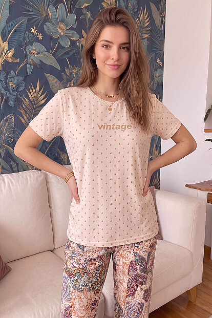 Bej Vintage Desenli Kısa Kollu Örme Kadın Pijama Takımı - 6