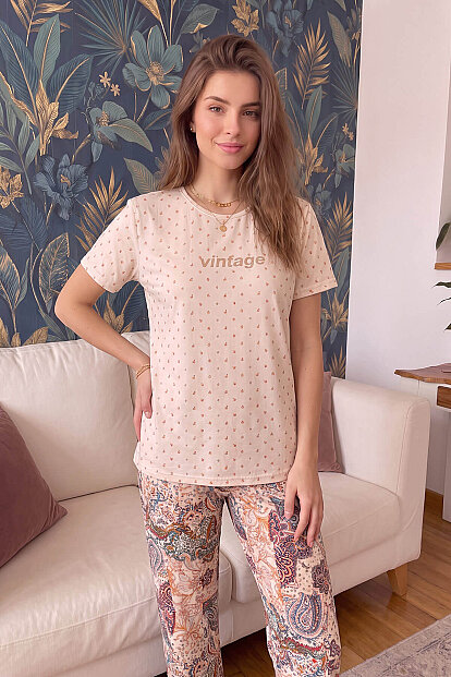 Bej Vintage Desenli Kısa Kollu Örme Kadın Pijama Takımı - 7