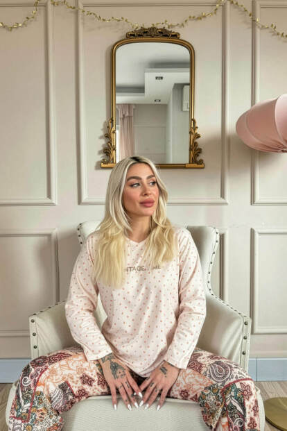 Bej Vintage Desenli Uzun Kollu Bambu Örme Kadın Pijama Takımı - 2