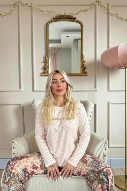 Bej Vintage Desenli Uzun Kollu Bambu Örme Kadın Pijama Takımı - 3