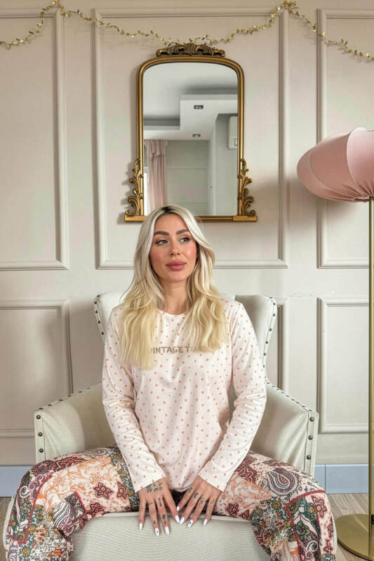 Bej Vintage Desenli Uzun Kollu Bambu Örme Kadın Pijama Takımı - Pijamaevi (2)