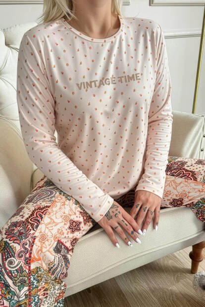 Bej Vintage Desenli Uzun Kollu Bambu Örme Kadın Pijama Takımı - 5