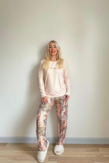 Bej Vintage Desenli Uzun Kollu Bambu Örme Kadın Pijama Takımı - 6