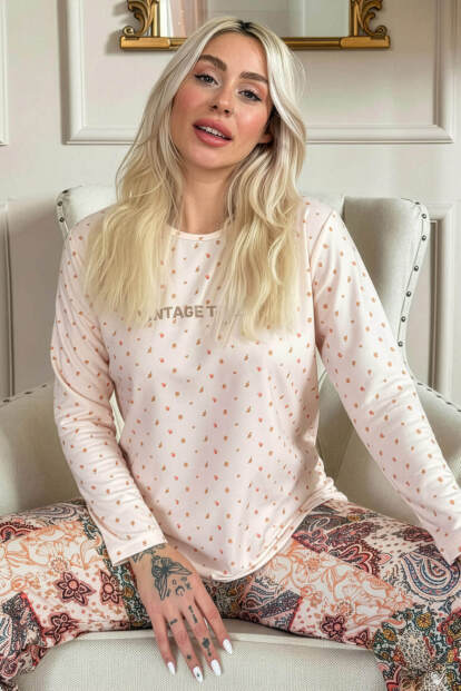 Bej Vintage Desenli Uzun Kollu Bambu Örme Kadın Pijama Takımı - 7