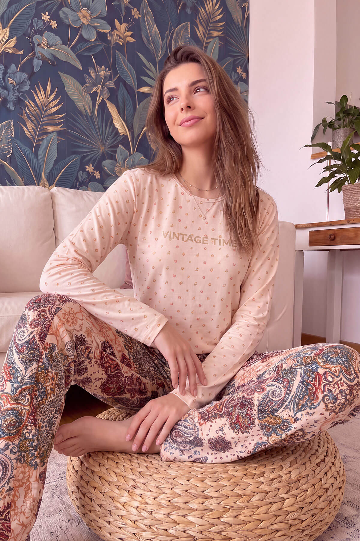 Bej Vintage Desenli Uzun Kollu Bambu Örme Kadın Pijama Takımı - Pijamaevi (2)