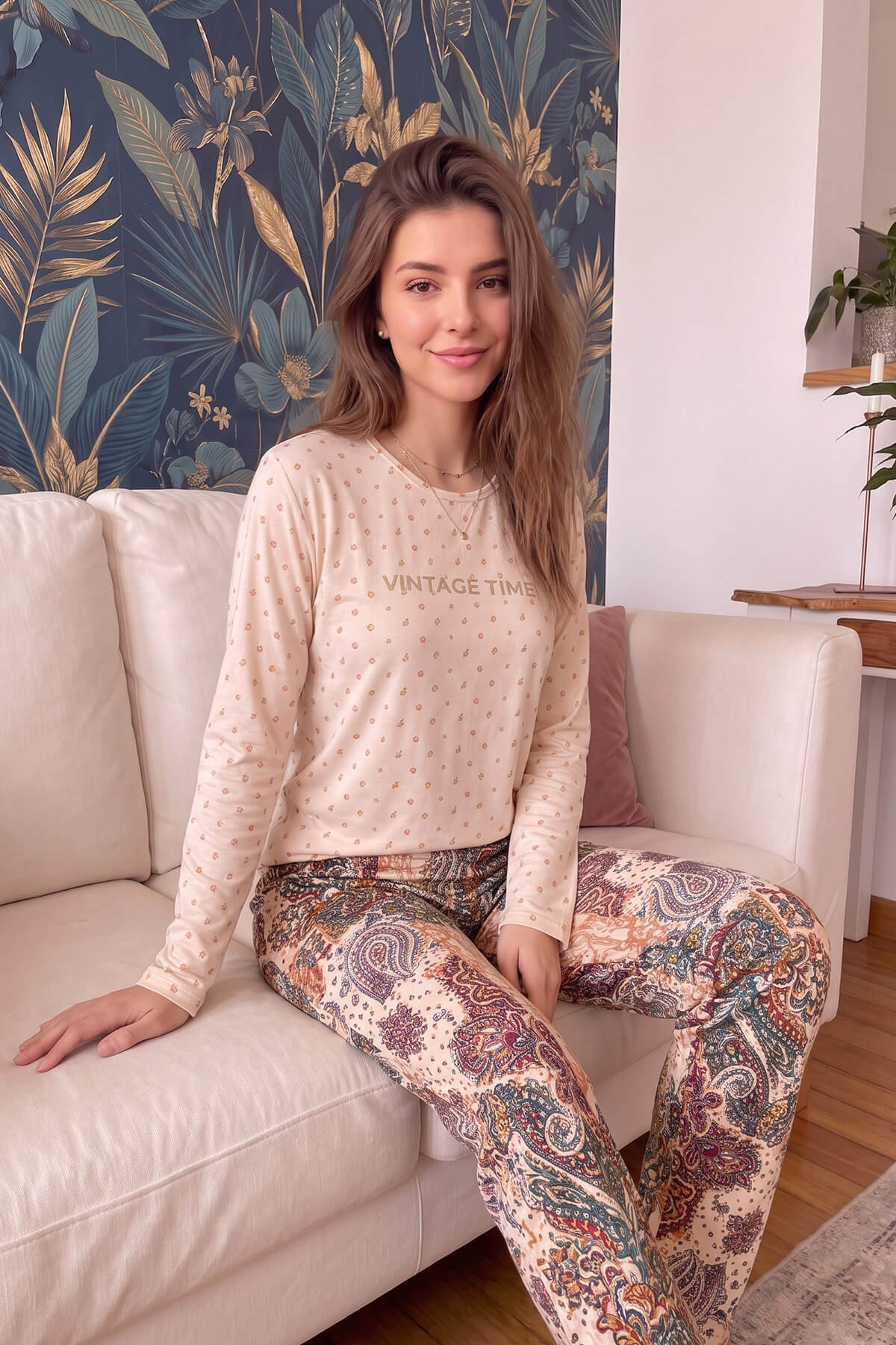 Bej Vintage Desenli Uzun Kollu Bambu Örme Kadın Pijama Takımı - Pijamaevi (3)
