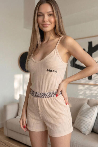 Bej Wild Spirit Desenli Örme Ip Askı Şortlu Kadın Pijama Takımı - 2