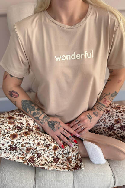 Bej Wonderful Desenli Kısa Kollu Örme Kadın Pijama Takımı - 5