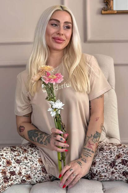 Bej Wonderful Desenli Kısa Kollu Örme Kadın Pijama Takımı - 7