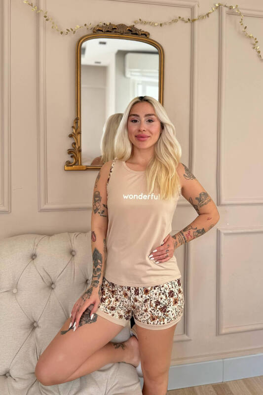 Bej Wonderful Desenli Sıfır Kol Şortlu Örme Kadın Pijama Takımı - Pijamaevi (2)