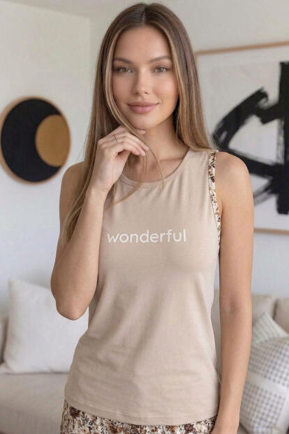 Bej Wonderful Desenli Sıfır Kol Şortlu Örme Kadın Pijama Takımı - 3