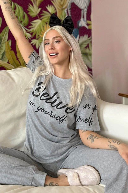 Believe Baskılı Kısa Kollu Kadın Pijama Takımı - 1