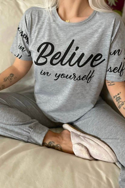 Believe Baskılı Kısa Kollu Kadın Pijama Takımı - 4