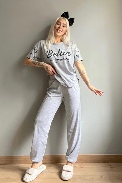 Believe Baskılı Kısa Kollu Kadın Pijama Takımı - 5