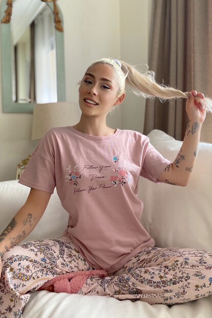 Believe Flower Baskılı Kısa Kollu Kadın Pijama Takımı - 1