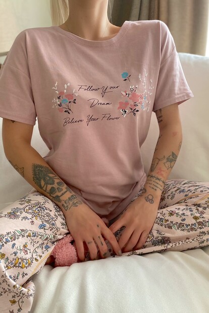 Believe Flower Baskılı Kısa Kollu Kadın Pijama Takımı - 3