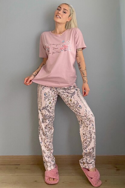Believe Flower Baskılı Kısa Kollu Kadın Pijama Takımı - 4