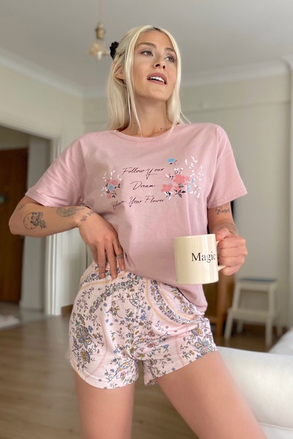 Believe Flower Baskılı Şortlu Kadın Pijama Takımı - 1