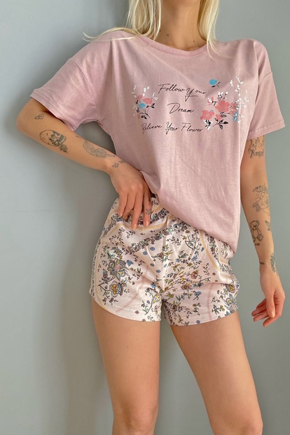 Believe Flower Baskılı Şortlu Kadın Pijama Takımı - 4
