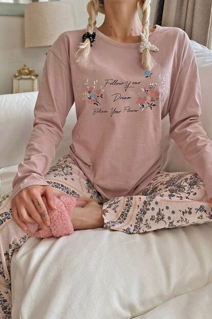 Believe Flower Baskılı Uzun Kol Kadın Pijama Takımı - 3