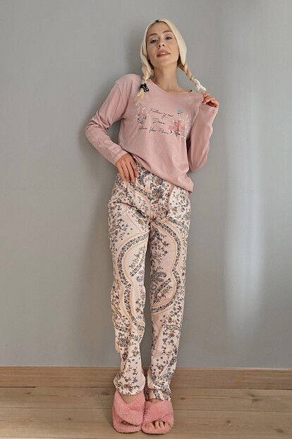 Believe Flower Baskılı Uzun Kol Kadın Pijama Takımı - 4