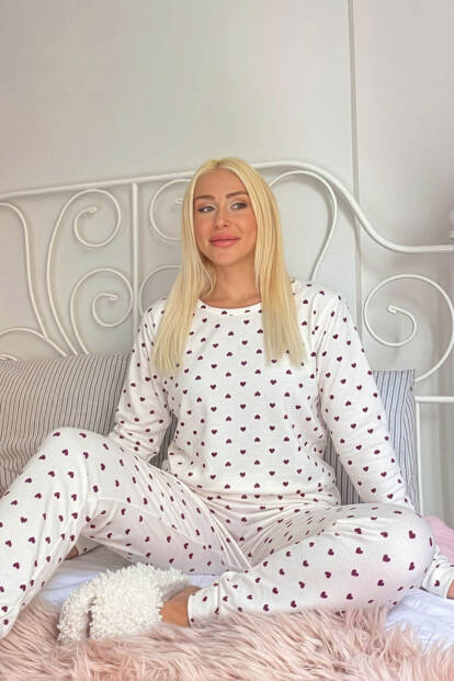 Beyaz Altus Desenli Uzun Kollu Waffle Örme Kadın Pijama Takımı - 2