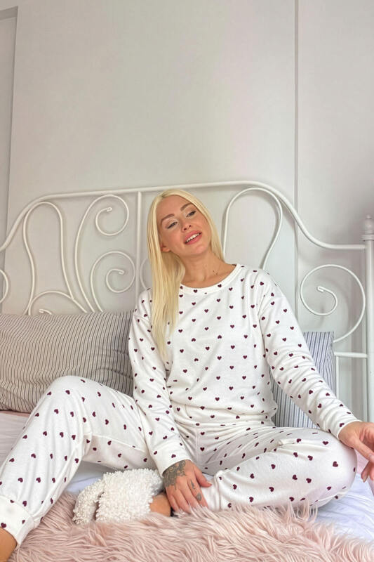 Beyaz Altus Desenli Uzun Kollu Waffle Örme Kadın Pijama Takımı - Pijamaevi (2)