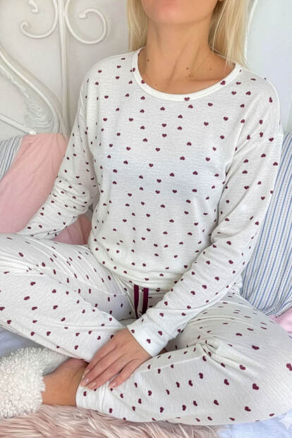 Beyaz Altus Desenli Uzun Kollu Waffle Örme Kadın Pijama Takımı - 4