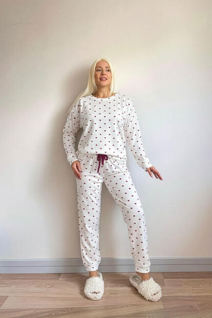 Beyaz Altus Desenli Uzun Kollu Waffle Örme Kadın Pijama Takımı - 5