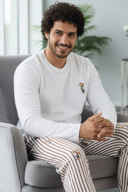 Beyaz Bear Desenli Stylish Erkek Uzun Kol Pijama Takımı - 1