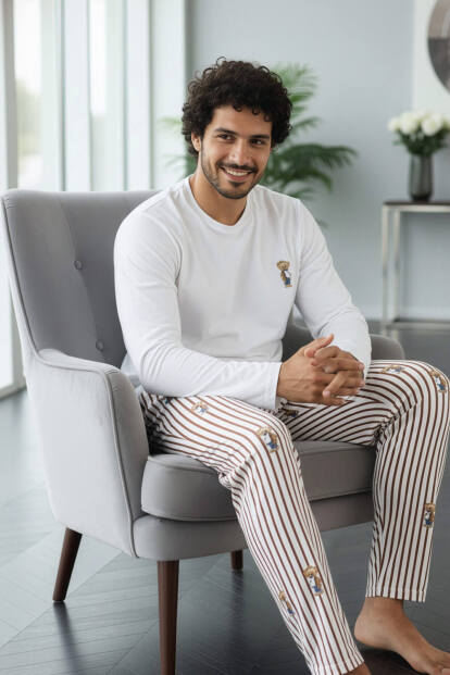 Beyaz Bear Desenli Stylish Erkek Uzun Kol Pijama Takımı - 2