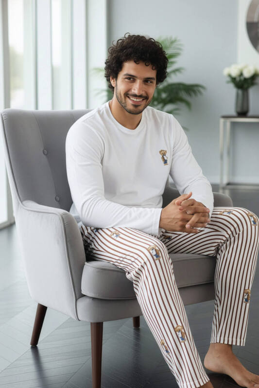 Beyaz Bear Desenli Stylish Erkek Uzun Kol Pijama Takımı - Pijamaevi (1)