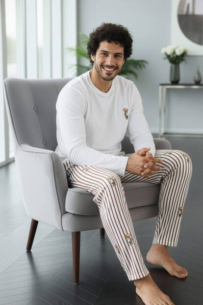 Beyaz Bear Desenli Stylish Erkek Uzun Kol Pijama Takımı - 3