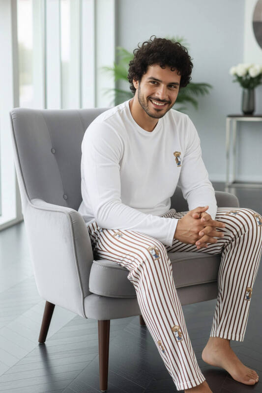 Beyaz Bear Desenli Stylish Erkek Uzun Kol Pijama Takımı - Pijamaevi (3)